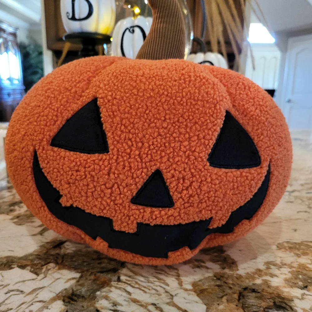 Sherpa Jack O Lantern Plush Pumpkin Pillow Halloween Decor NEW NWT